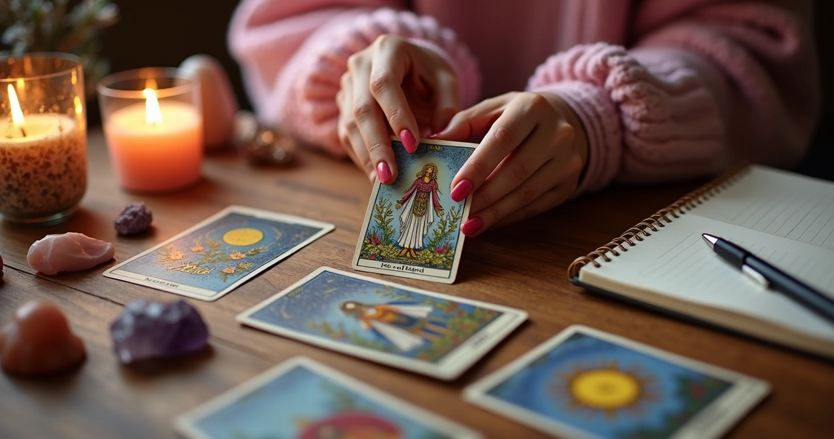 Cartas de tarot na mesa, mãos femininas segurando carta, diário ao lado 