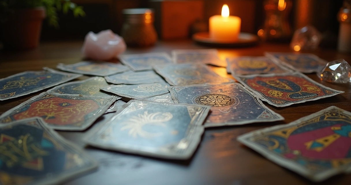 Mesa de tarot com cartas espalhadas, cristais e uma vela acesa 