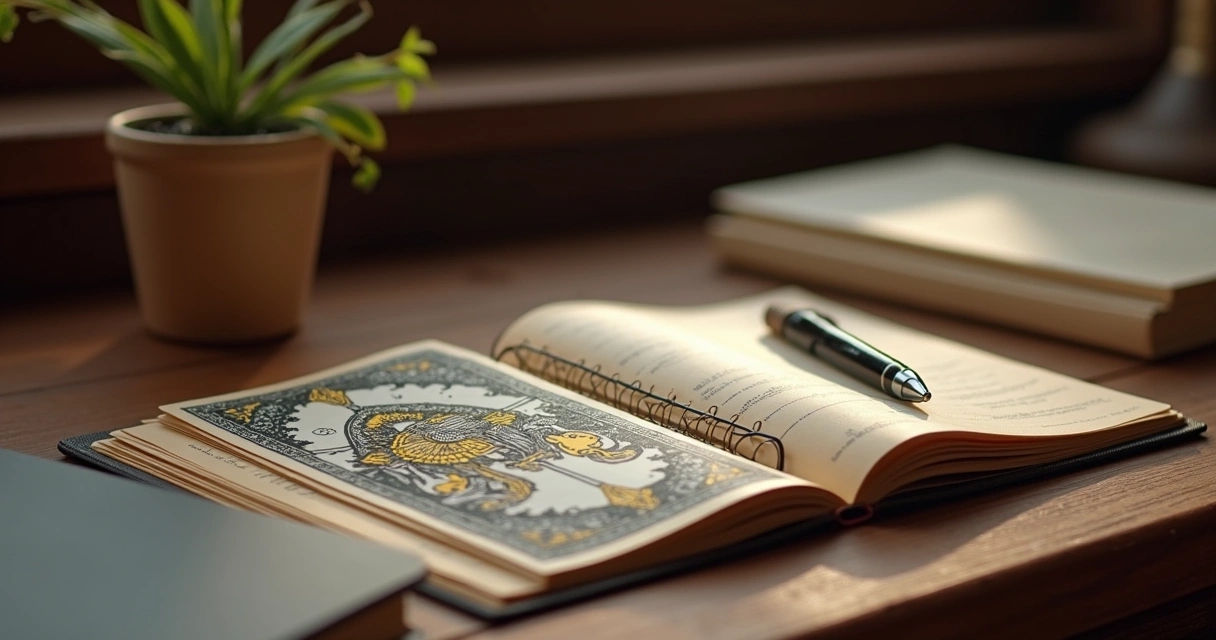 Mesa com cartas de tarot abertas, caderno e caneta ao lado 