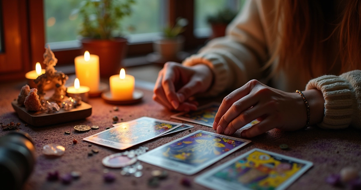 Tarólogo, cartas de tarot, mesa de madeira, velas acesas, ambiente místico 