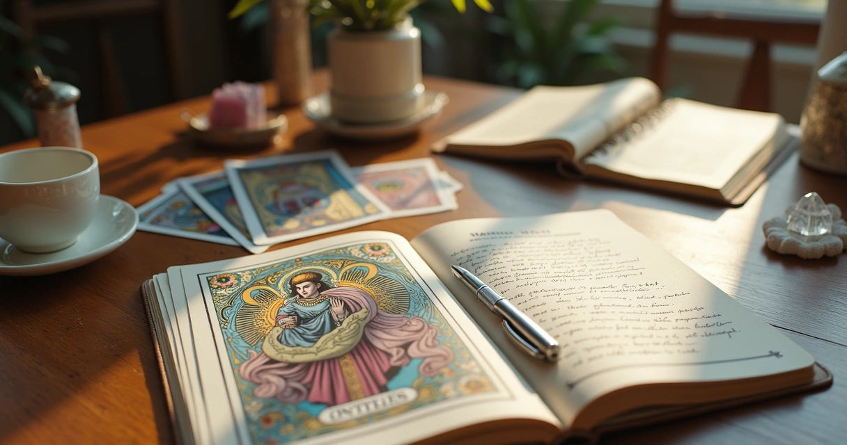 Mesa com cartas de tarot, bloco de notas e caneta