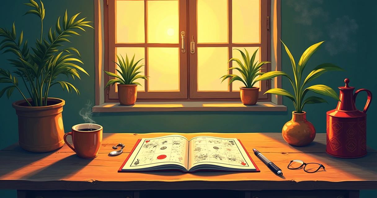 Ilustração de uma mesa com cartas de tarot, caderno e chá, iluminada por luz suave, dando um sentimento de reflexão.