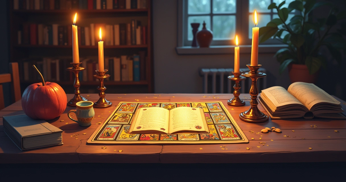 Mesa de madeira com cartas de tarot, cadernos, chá e cristais em um ambiente tranquilo.