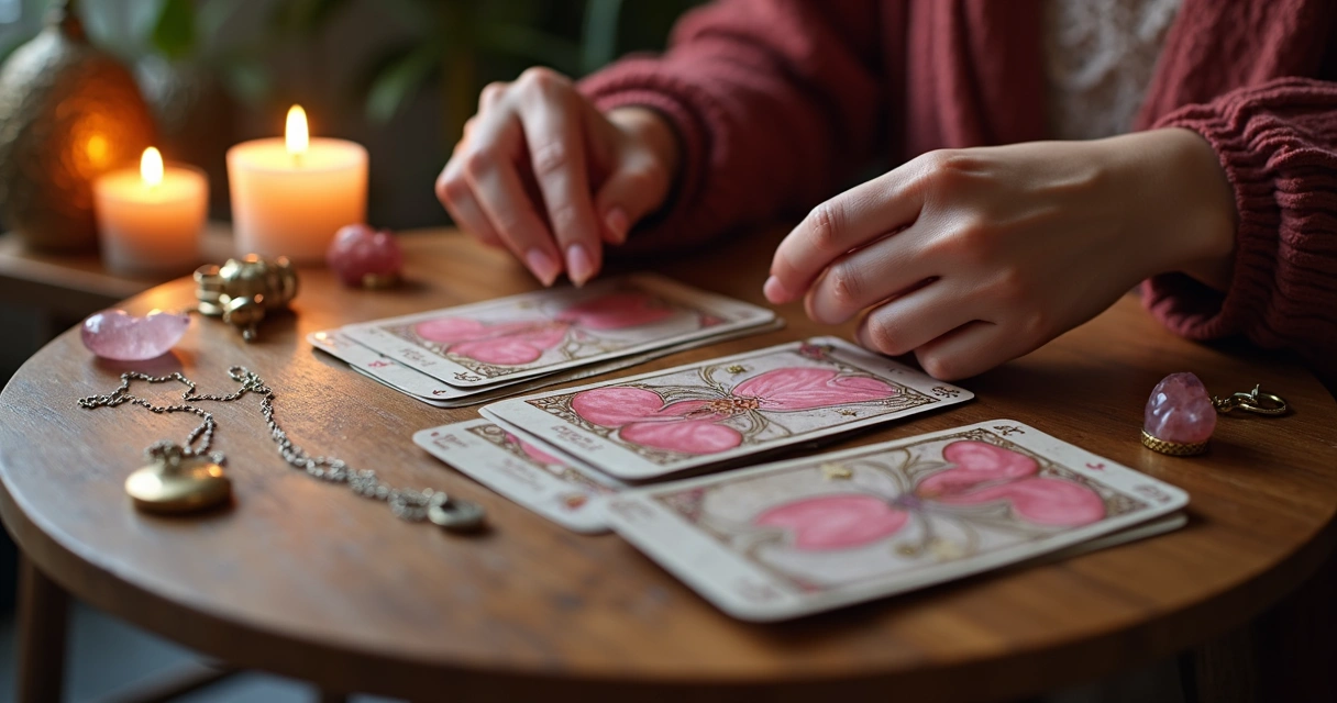Mesa de tarot com cartas relacionadas ao amor e mãos femininas embaralhando cartas 