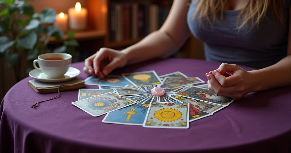 Mesa de tarot com cartas reveladoras em leitura de relacionamento amoroso 