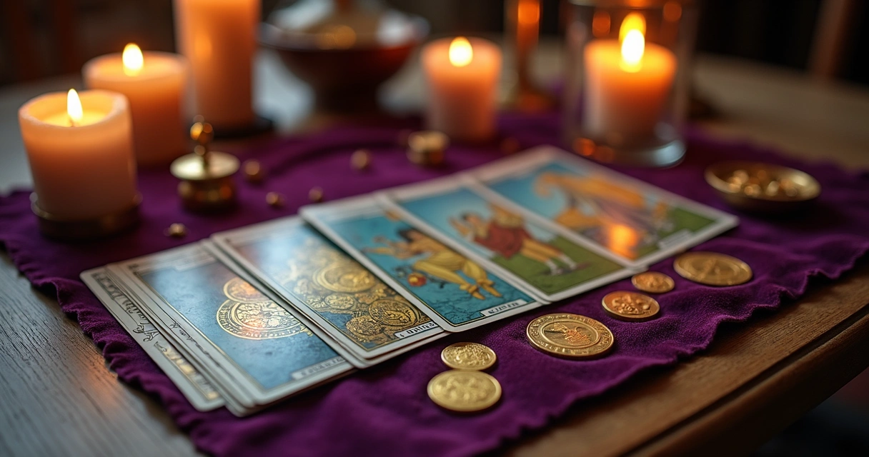 Mesa de tarot com cartas, moedas e velas acessas 