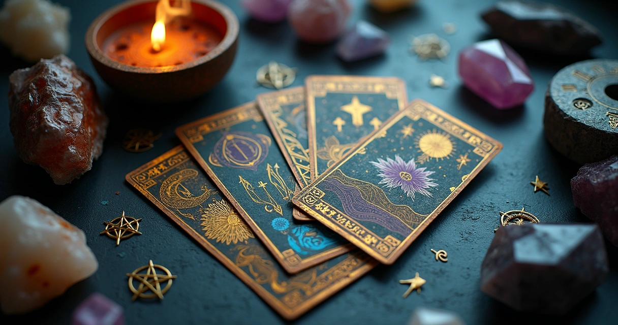 Mesa de tarot com símbolos esotéricos ao redor. 