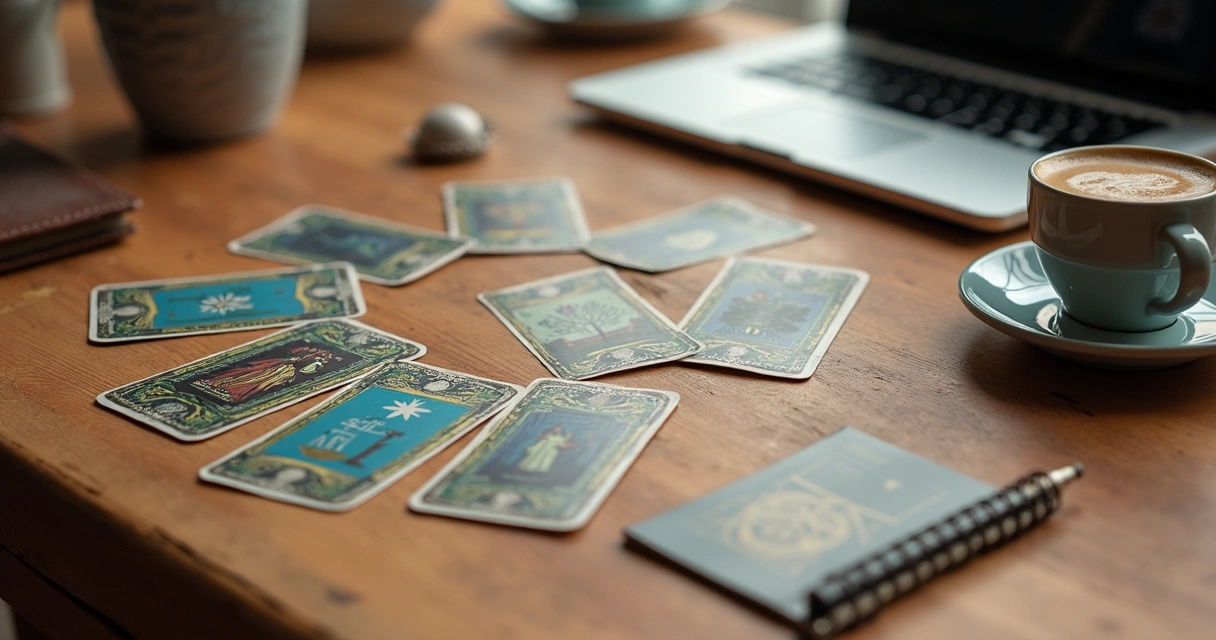 Cartas de tarot dispostas em mesa de madeira clara com cristais e um laptop ao fundo 