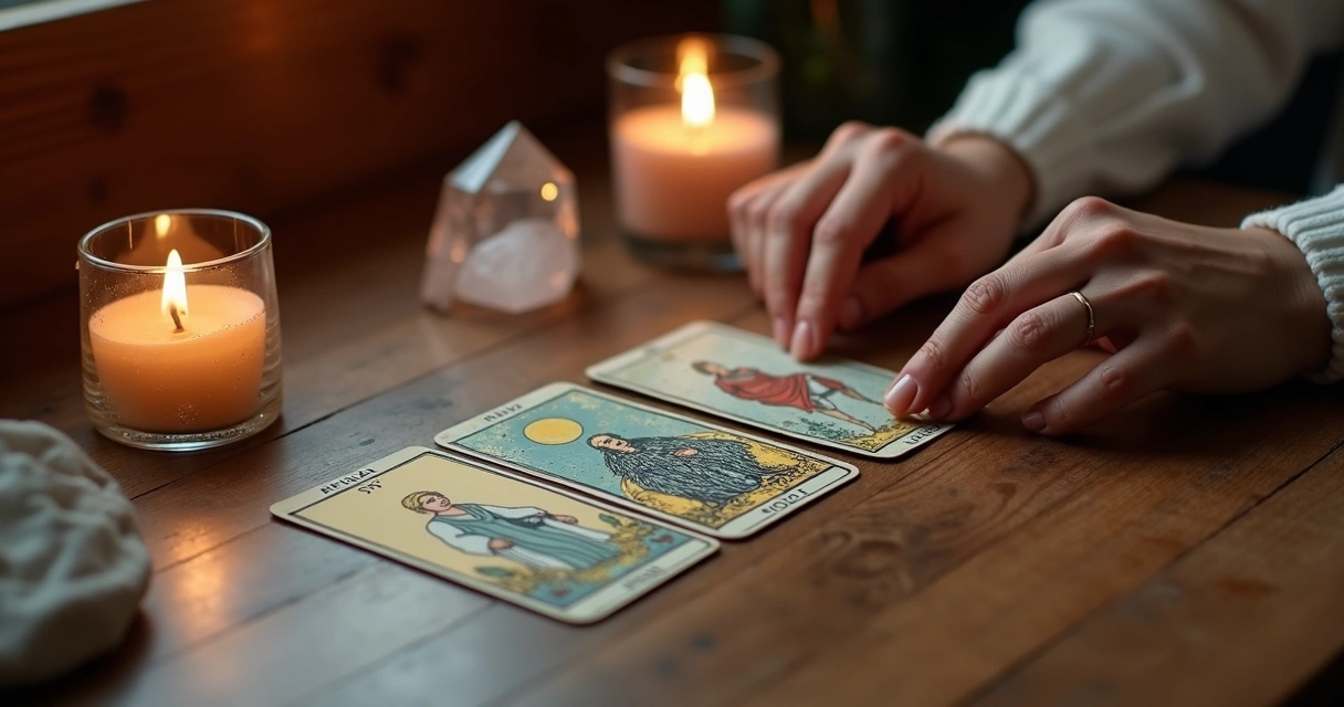 Mesa com três cartas do tarot dispostas lado a lado, ambiente iluminado com velas e cristais. 