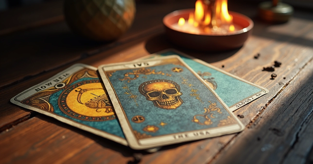 Três cartas do Tarot dispostas sobre uma mesa de madeira 