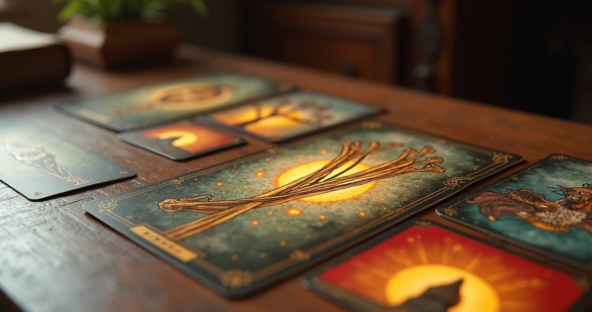 Cartas de tarot diversas sobre uma mesa, foco nas combinações possíveis do Dez de Paus 