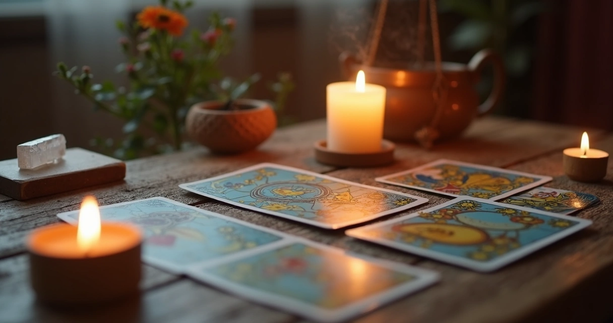Mesa de tarot com cartas, vela e cristal 