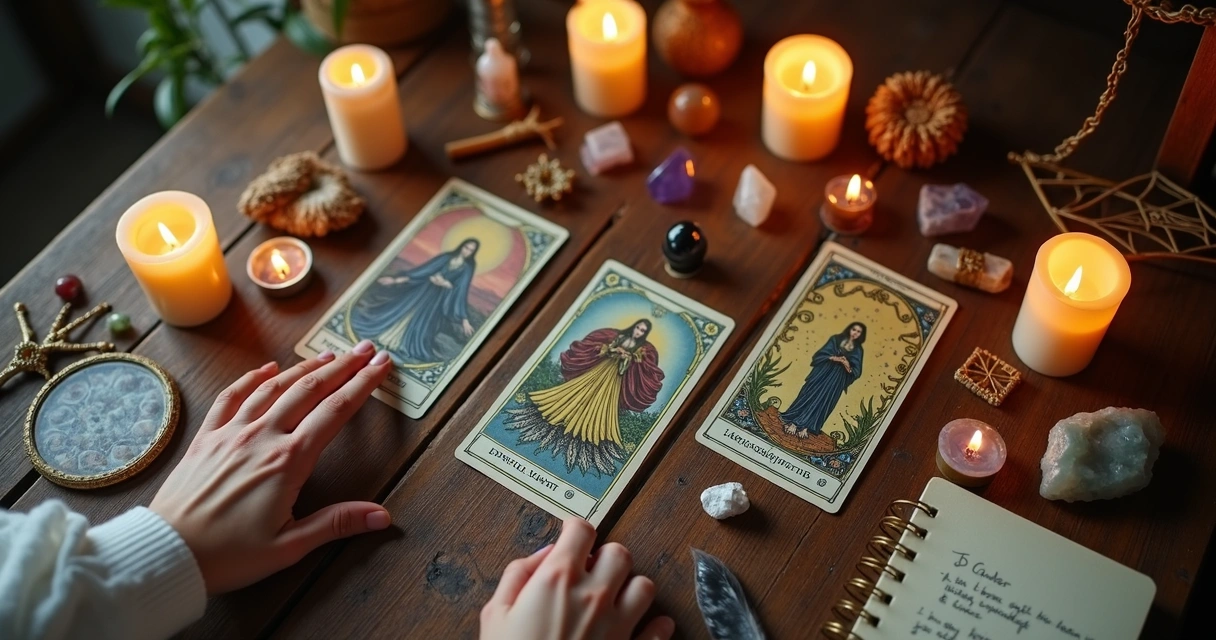 Mesa com cartas de tarot, velas e cristais 