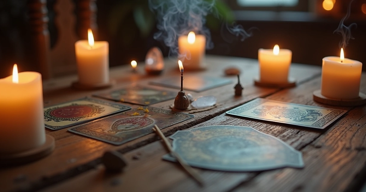 Mesa de tarot com cartas e velas acesas 