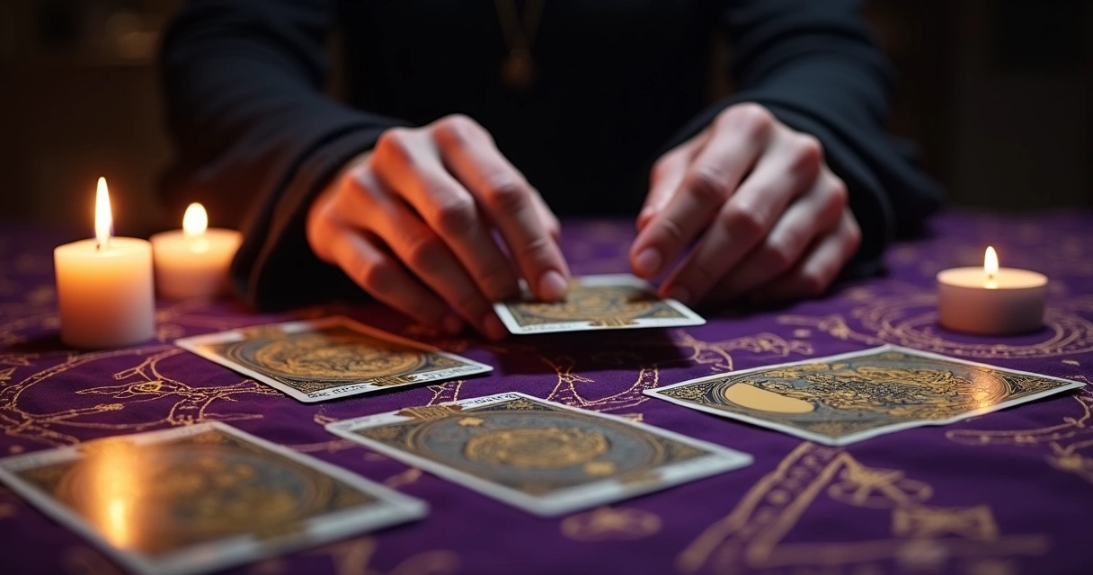 Cena de mesa com cartas de tarô, velas acesas e ambiente esotérico 