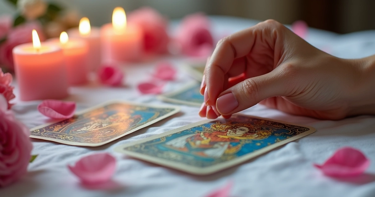 Cartas de tarot abertas ao lado de velas e flores rosa 