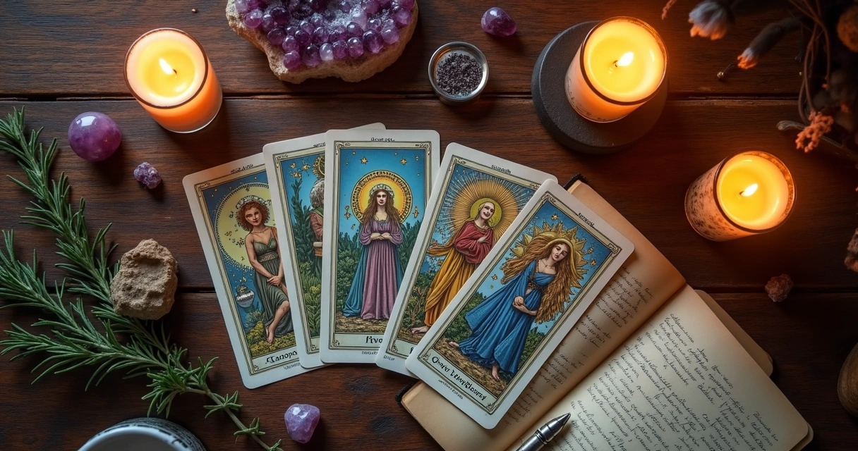 Cartas de tarot em uma mesa cercada por velas e ervas