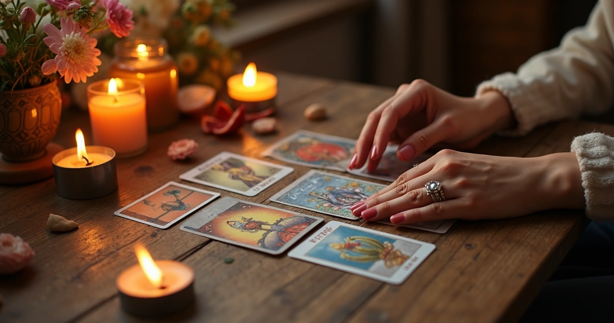 Mesa de tarot iluminada por velas junto com flores. 