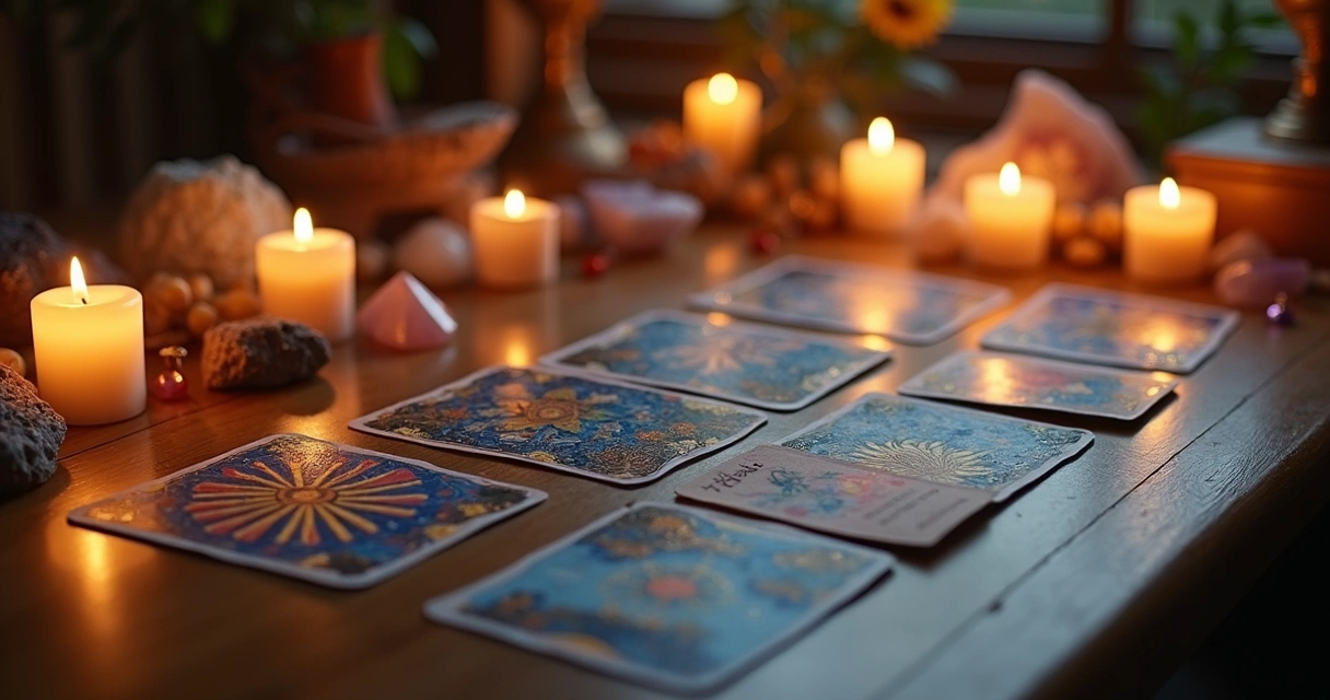 Mesa de tarot decorada com velas acesas e cartas do tarot dispostas para consulta 