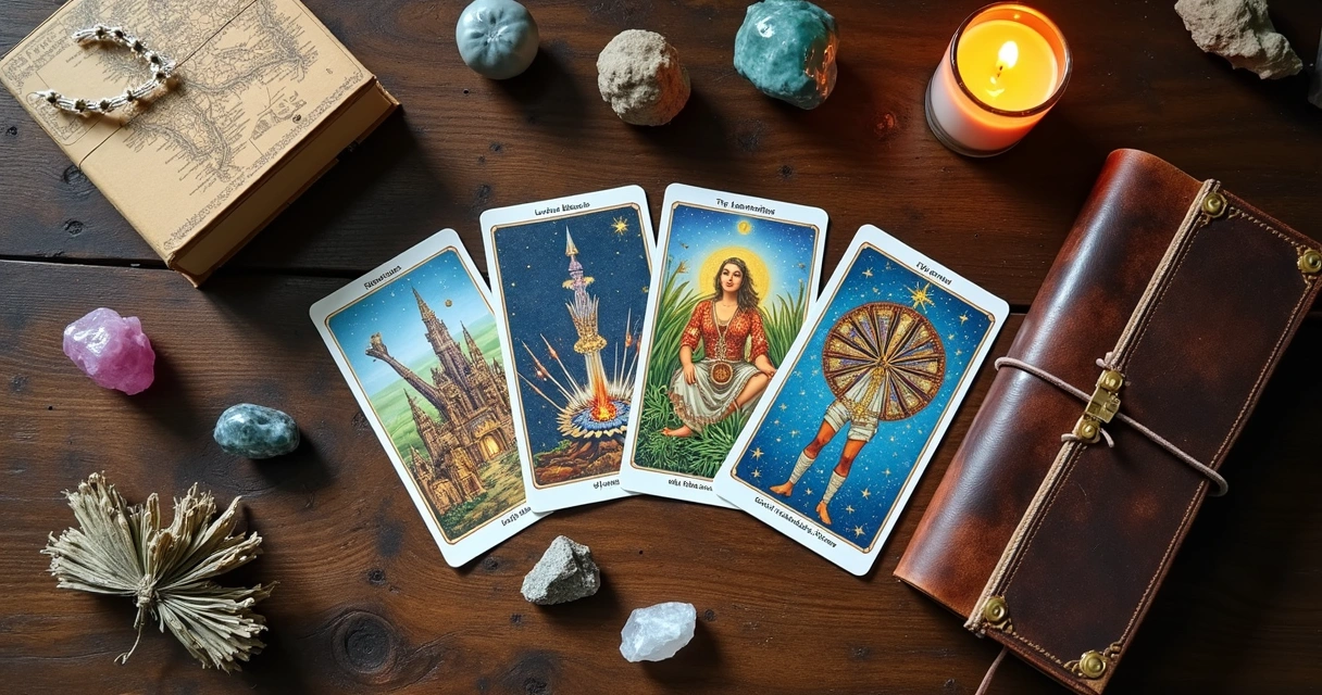 Mesa de tarot com cartas, cristais, mapa e diário.