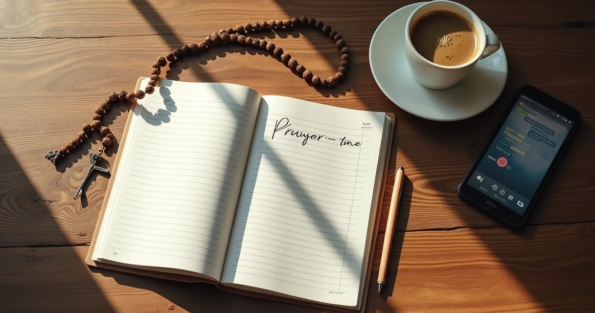 Mesa com terço, agenda aberta e xícara de café 