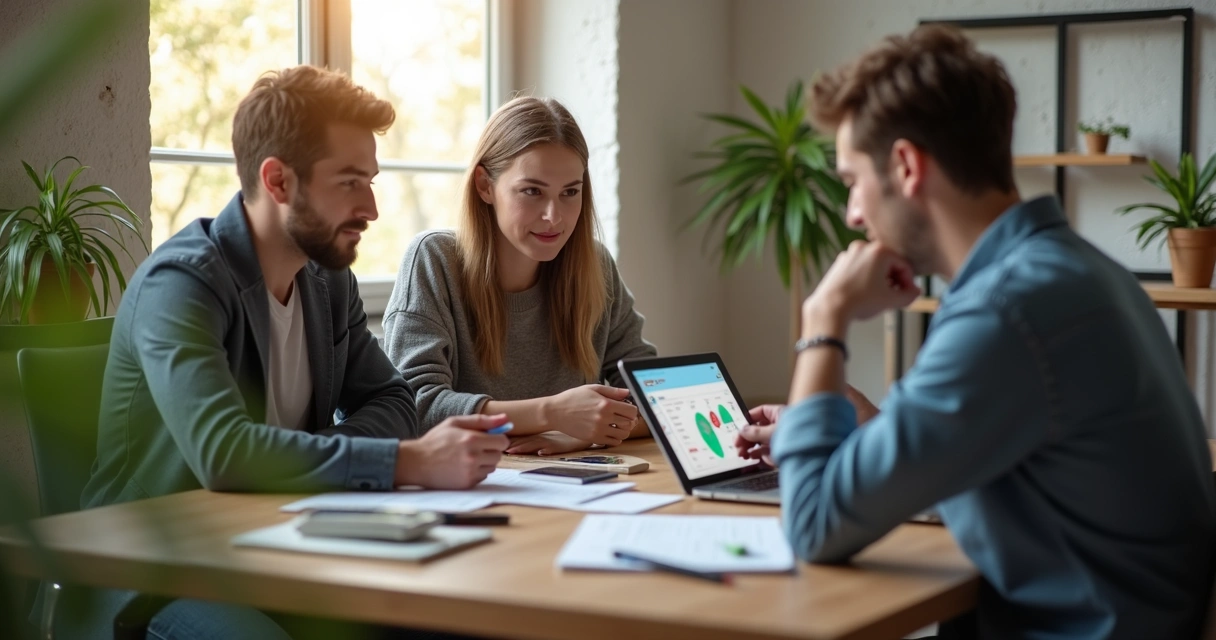 Mesa de time pequeno de TI em reunião, computadores e anotações 