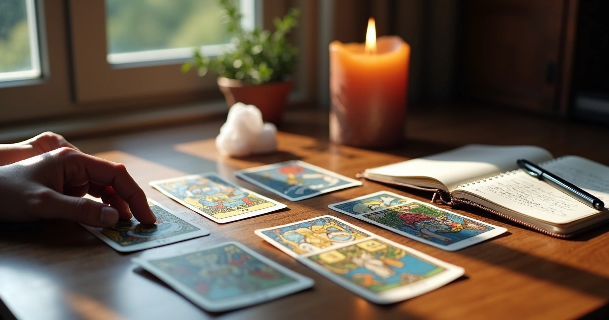 Mesa com cartas de tarot embaralhadas para tiragem dos arcanos menores 