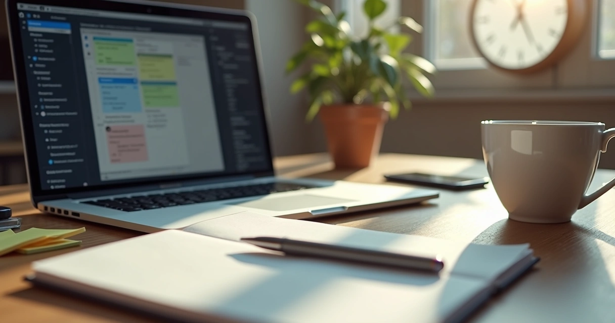 Mesa de trabalho com agenda, notebook e celular ao lado de xícara de café