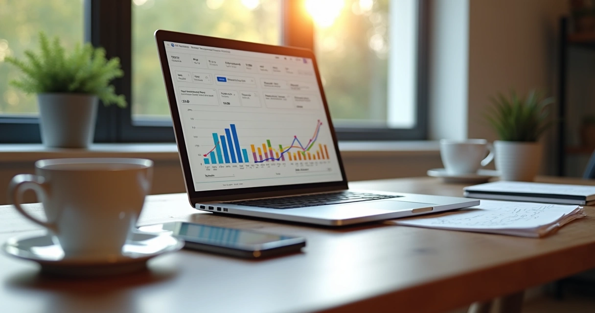 Mesa de trabalho com notebook mostrando gráfico financeiro e smartphone ao lado