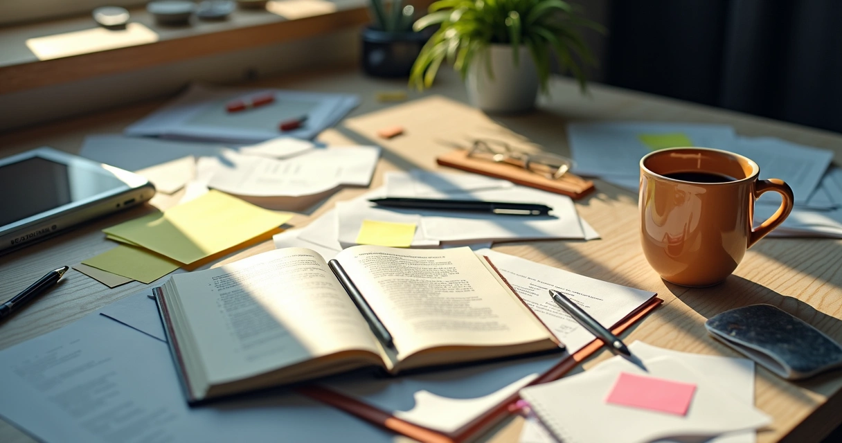 Caderno aberto e mesa de trabalho bagunçada 