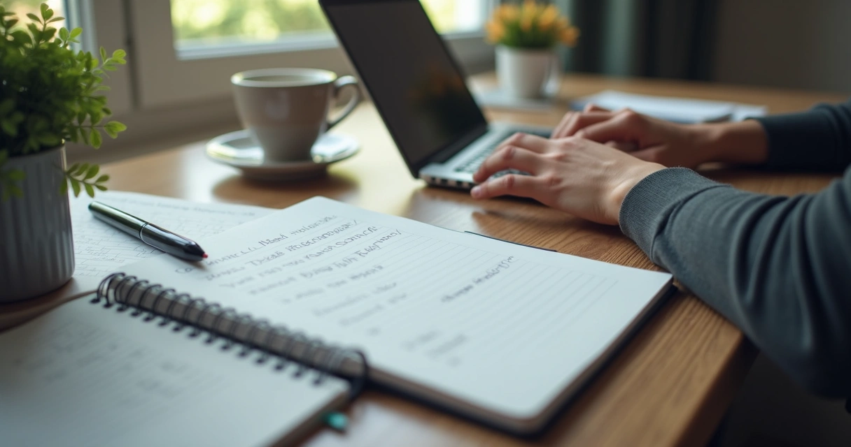 Mesa de trabalho com notebook, agenda e mãos paradas diante da tarefa 