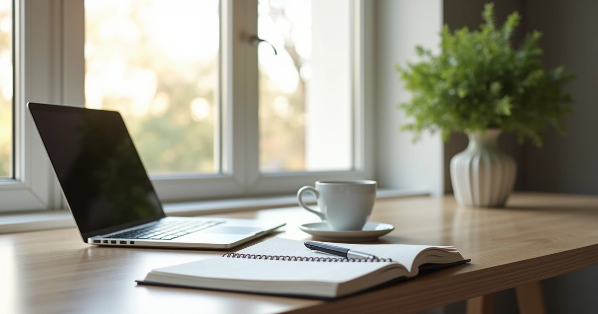Mesa organizada com computador, café e bloco de anotações. 