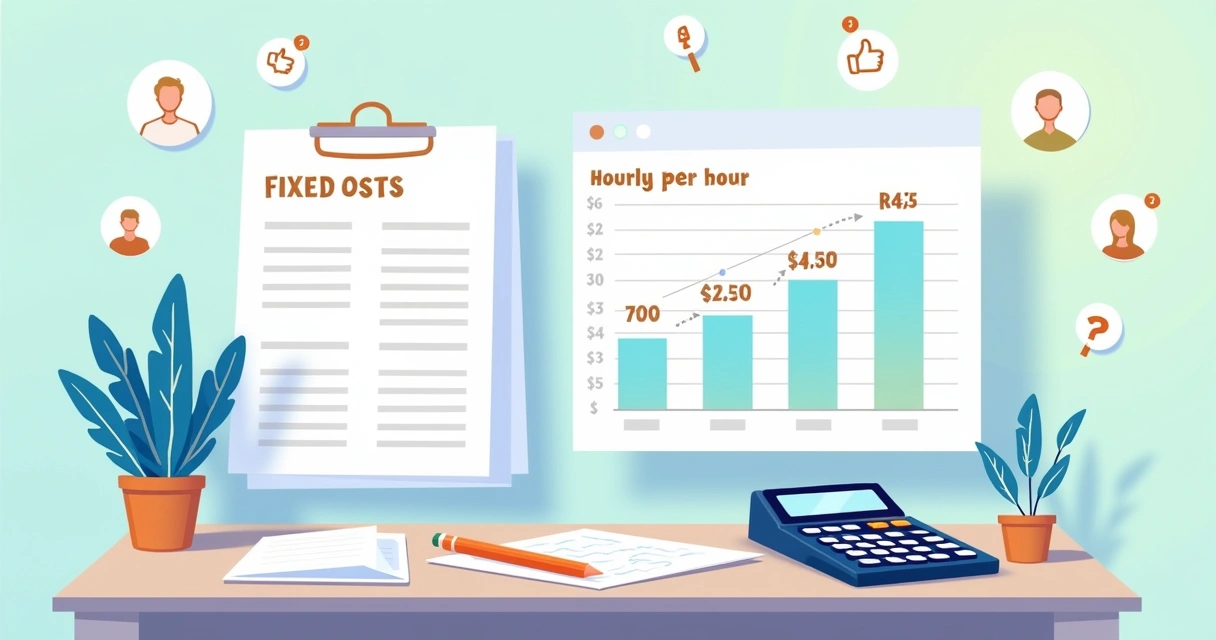 Mesa de trabalho com calculadora, notas e gráfico mostrando custos e preços, ambiente organizado e produtivo.
