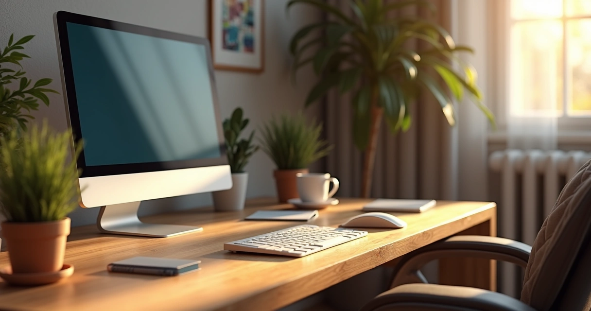 Mesa de trabalho organizada em um ambiente doméstico 