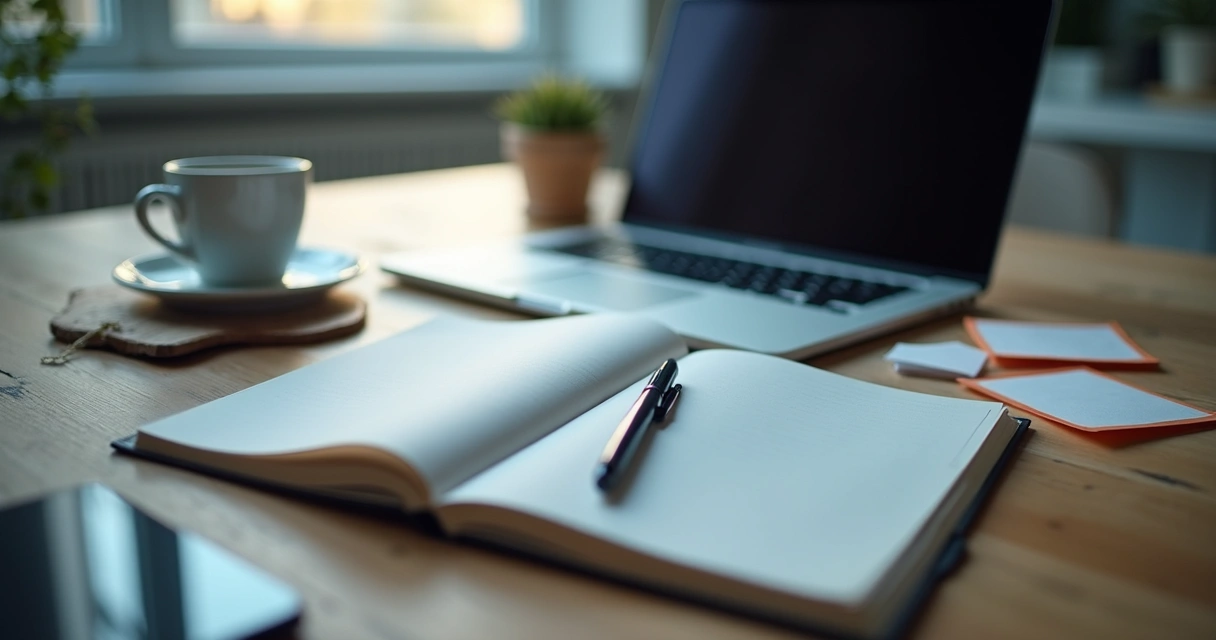 Mesa de trabalho com celular e caderno abertos 