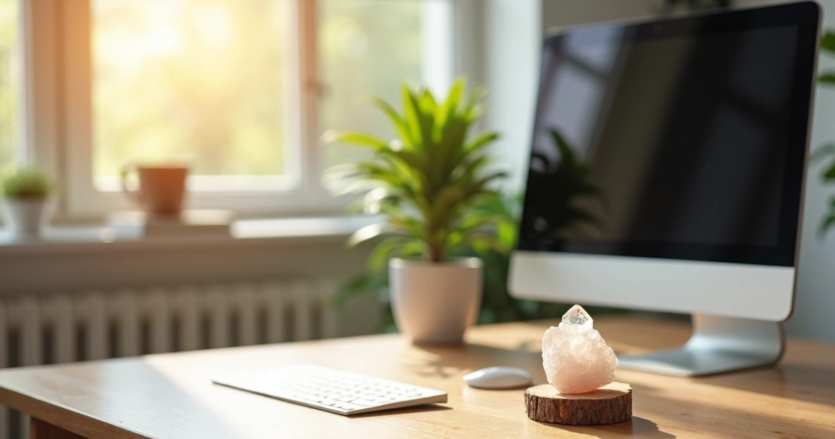 Mesa de trabalho com computador, cristal, planta e janela iluminada.