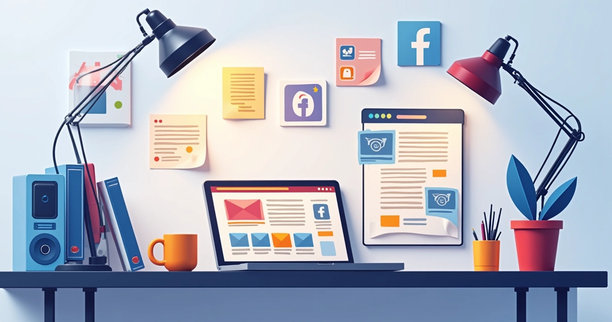 Mesa de trabalho organizada com laptop, anotações sobre fornecedores e ícones de redes sociais.