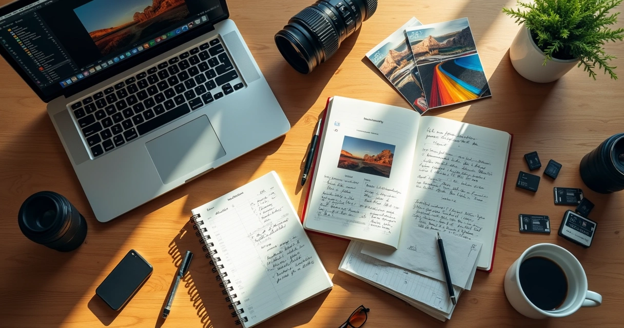 Mesa de trabalho de fotógrafo com laptop, cartões de memória e cadernos de anotações 