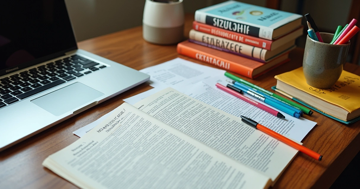 Mesa de trabalho com livros de diferentes áreas, anotações e computador