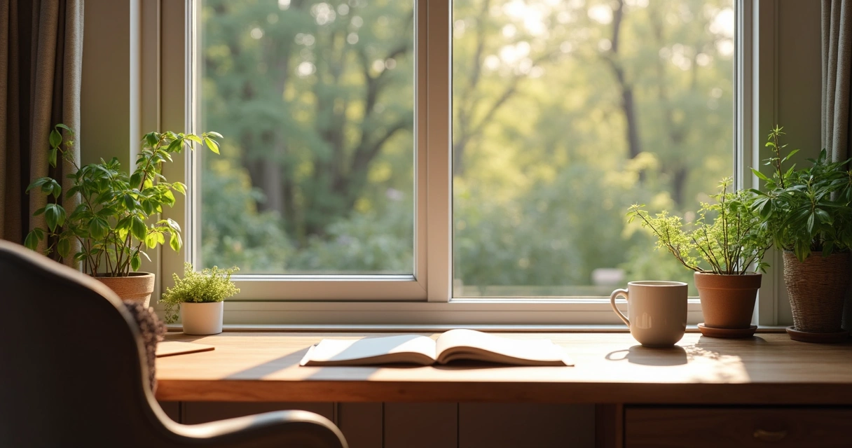 Mesa de trabalho organizada com plantas e janela 