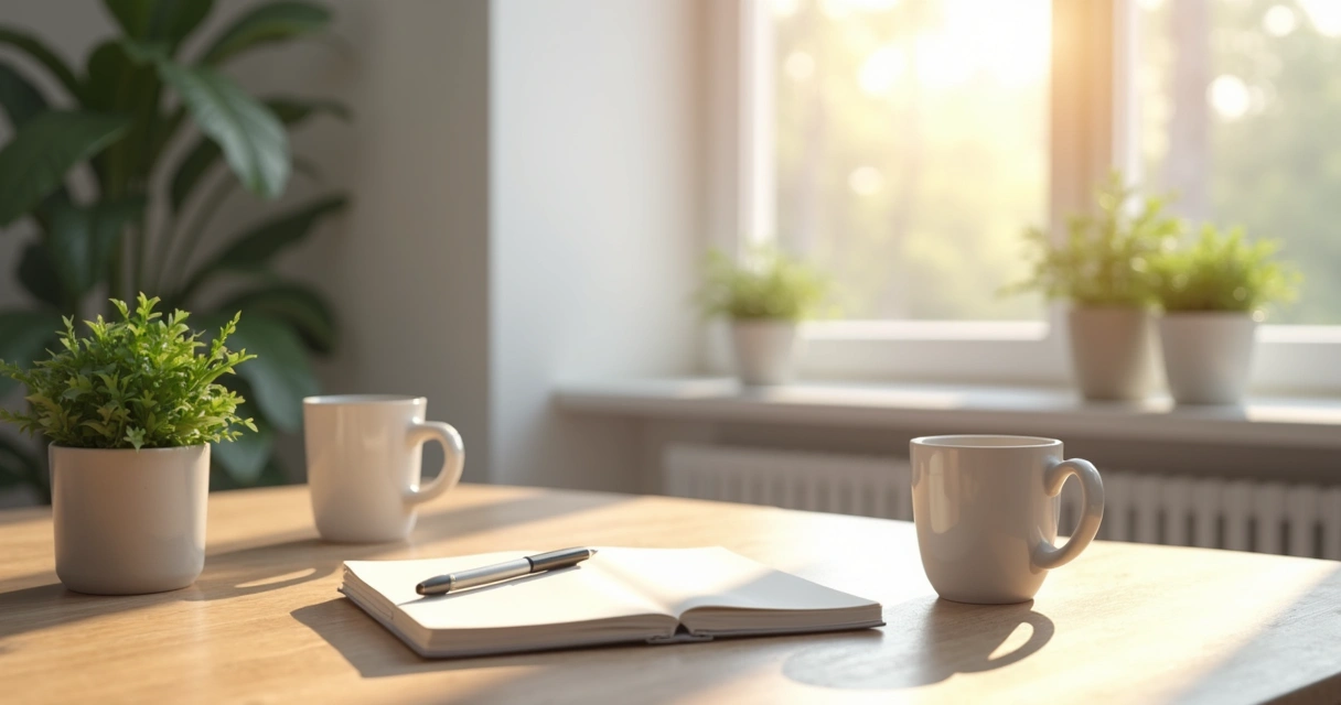 Mesa de trabalho limpa, plantas, caderno e café 