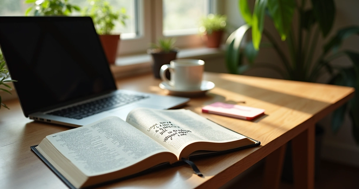 Mesa de trabalho com bíblia aberta, caneca e post-it com versículo