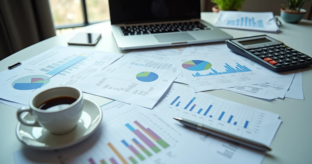 Mesa de escritório com relatórios financeiros e notebook 