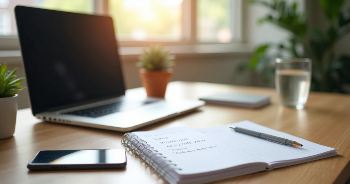 Mesa organizada com notebook, agenda e copo de água em home office 