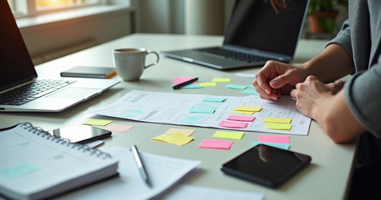 Mesa de trabalho com agenda, laptop e anotações acumuladas