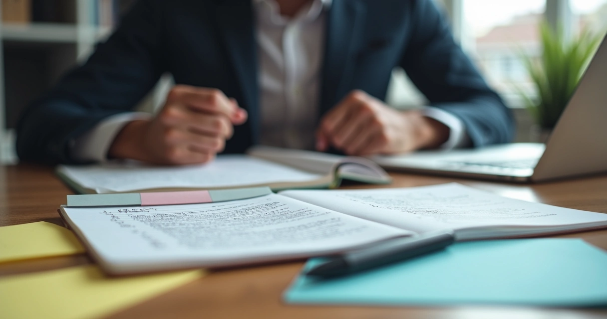 Mesa de trabalho com caderno, mãos tensas e anotações riscadas