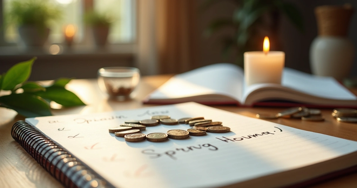 Mesa de trabalho com velas acesas, moedas e caderno de anotações