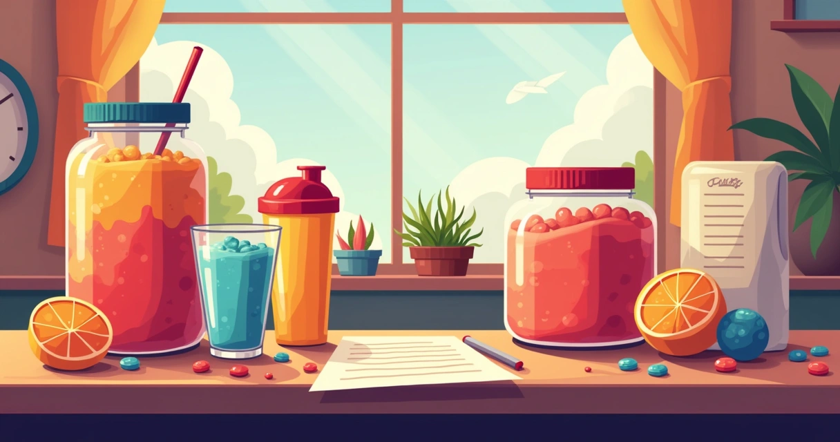 Mesa de treino com frasco de pré-treino, creatina, shaker e uma lista de dicas sobre combinações de suplementos.