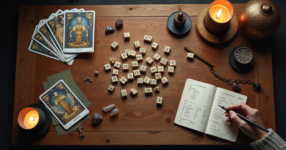 Mesa com cartas de tarot, pedras de runas e um caderno de anotações 