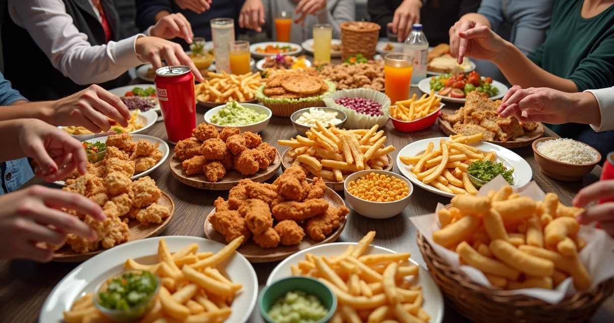 Mesa com vários alimentos ultraprocessados e fritos, sobremesas com muito açúcar 